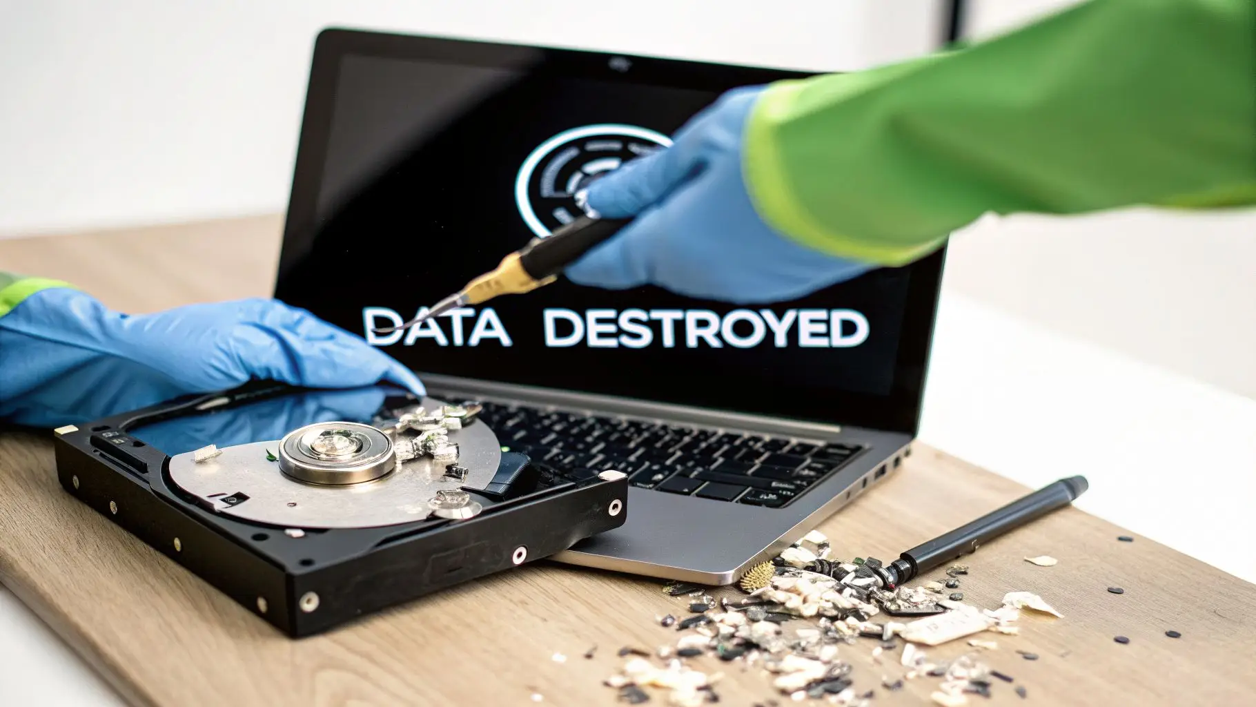 A person in blue gloves destroys a hard drive, with a laptop screen displaying 'DATA DESTROYED'.