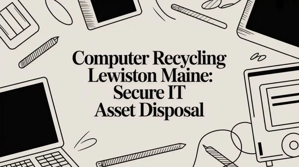 Text reads "Computer Recycling Lewiston Maine: Secure IT Asset Disposal" surrounded by drawn images of electronic devices, pens, and cables on a light background.