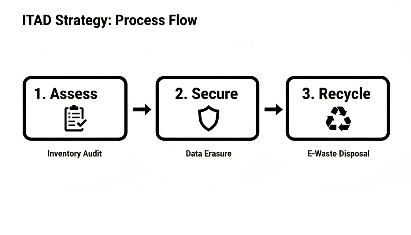 A three-step ITAD strategy process flow diagram: Assess, Secure, and Recycle.