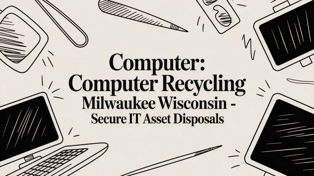 Illustration of laptops, tablets, and smartphones surrounding the text &ldquo;Computer: Computer Recycling Milwaukee Wisconsin - Secure IT Asset Disposals&rdquo; on a beige background.