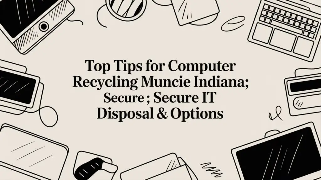 Illustrated border of various computers and devices surrounds text reading, "Top Tips for Computer Recycling Muncie Indiana; Secure; Secure IT Disposal & Options.