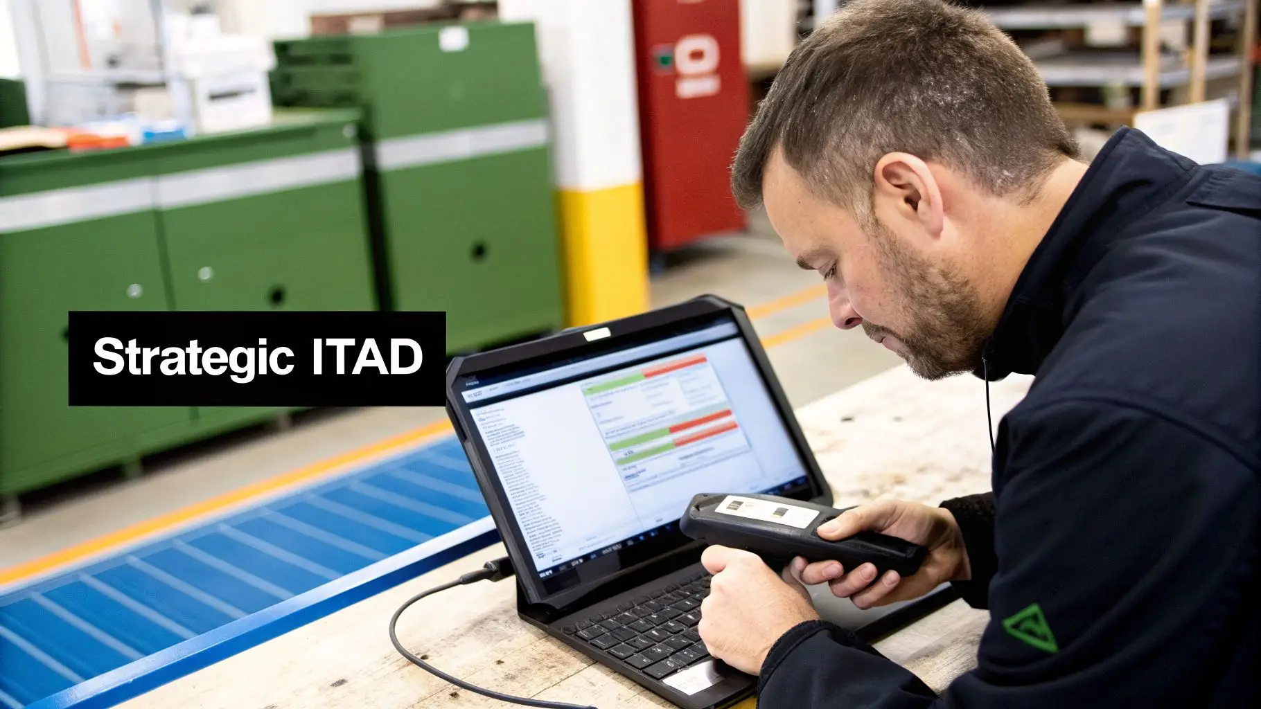 A man scans a product with a barcode scanner connected to a rugged laptop in an industrial environment, with 'Strategic ITAD' text overlay.