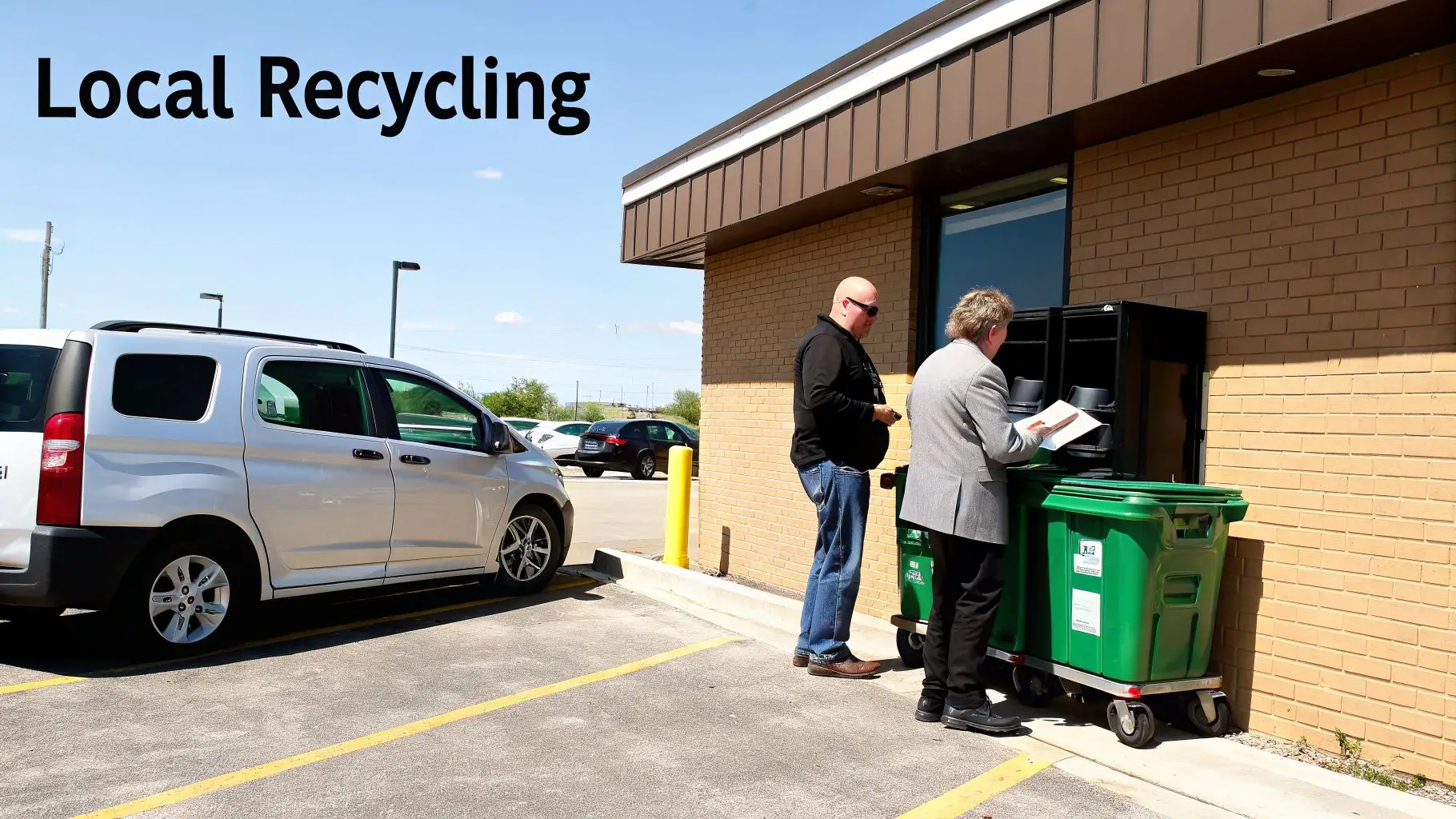 Two men drop off items into green public recycling bins next to a building on a sunny day.