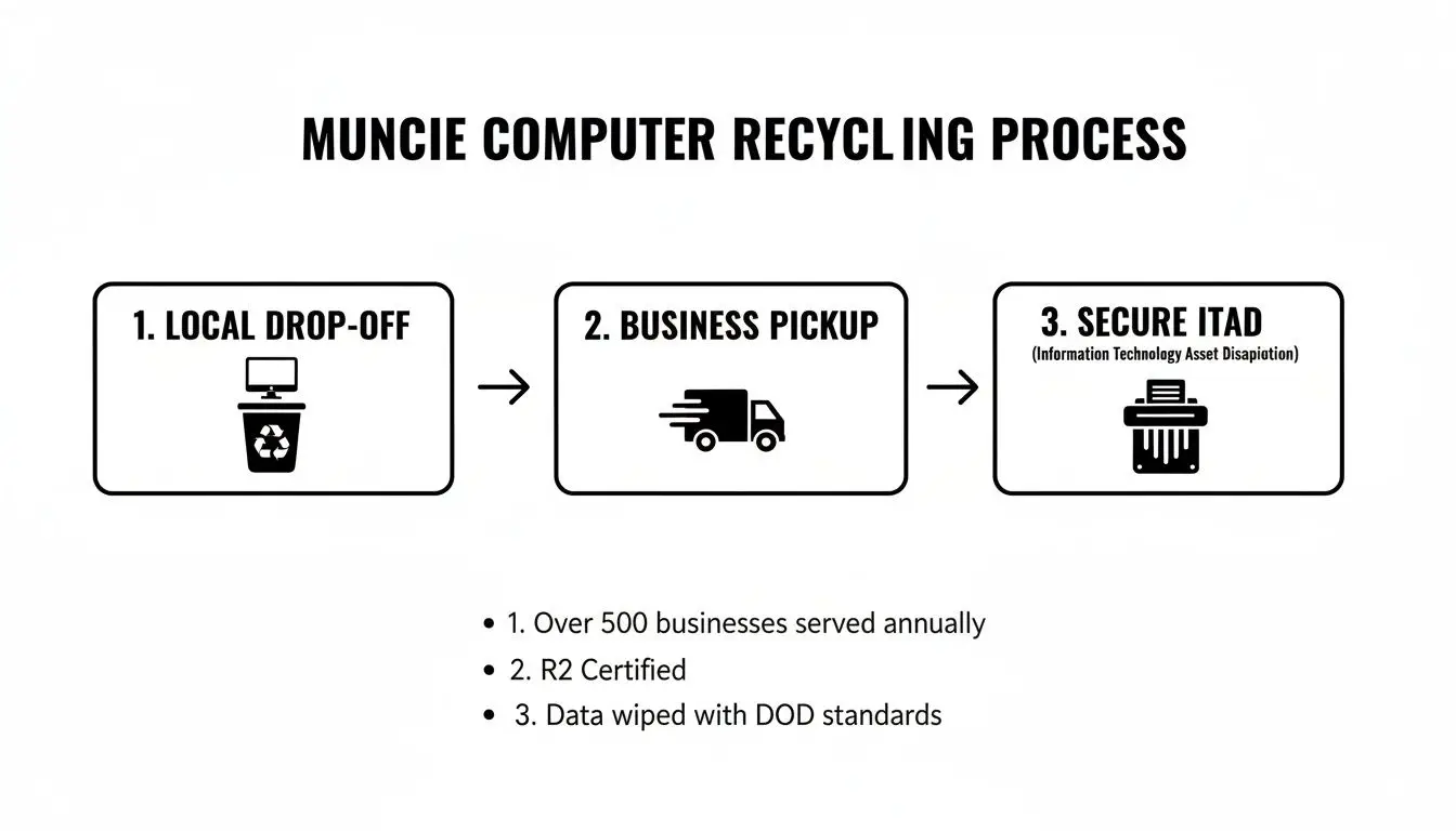 Flowchart detailing Muncie computer recycling process with local drop-off, business pickup, and secure ITAD services.