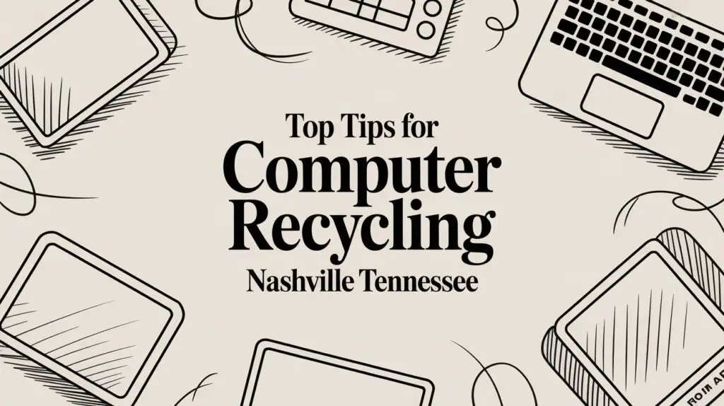 A beige background with illustrations of computers and tablets surrounds the text "Top Tips for Computer Recycling Nashville Tennessee" in bold, black letters.