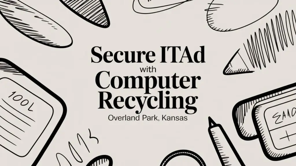 Black text on a beige background reads "Secure ITAd with Computer Recycling, Overland Park, Kansas," surrounded by hand-drawn doodles of office supplies such as pens, notebooks, and paper clips.