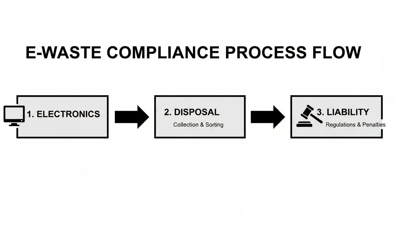 A flowchart illustrates the e-waste compliance process, covering electronics, disposal, and liability regulations.