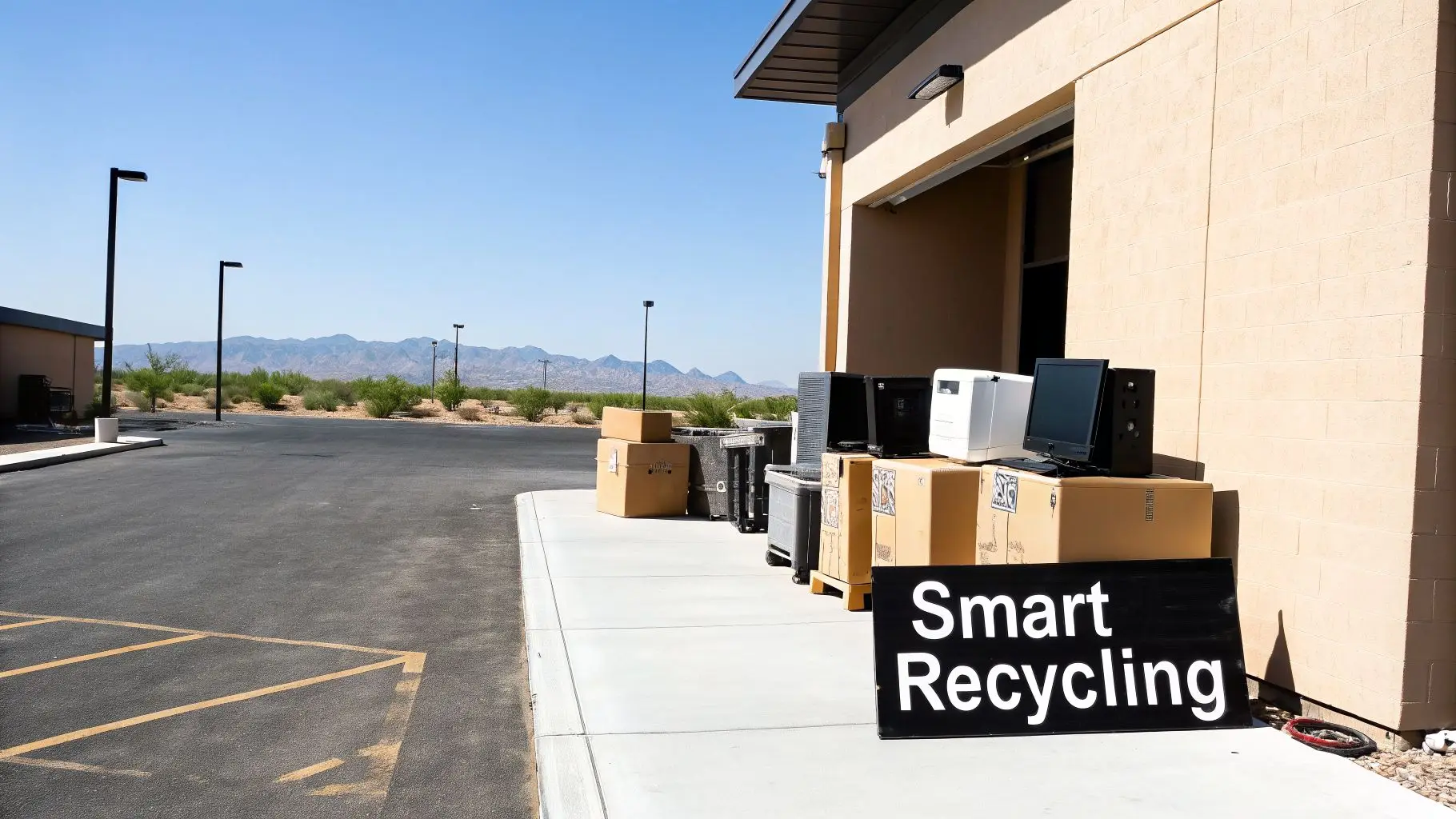 A smart recycling drop-off point with electronics, cardboard boxes, and a sign in a desert landscape.