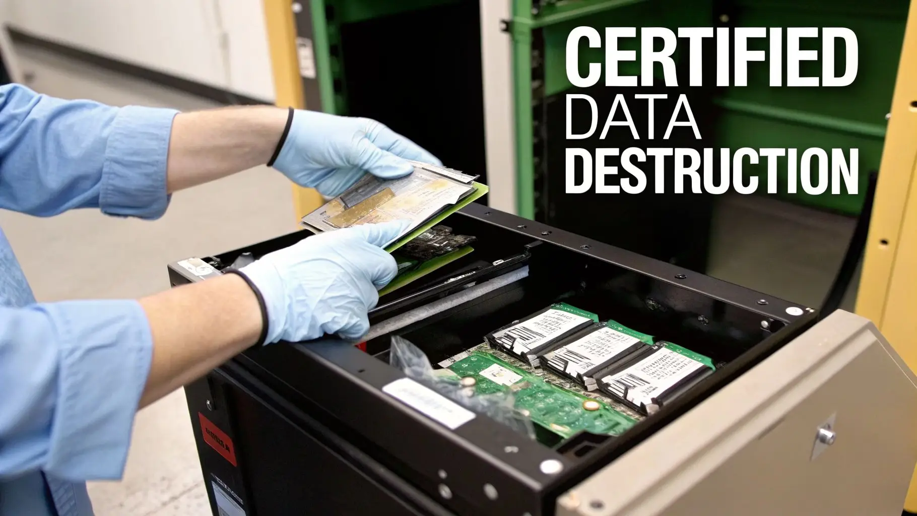 A person in blue gloves placing electronic data storage devices into a data destruction machine, with text 'CERTIFIED DATA DESTRUCTION'.