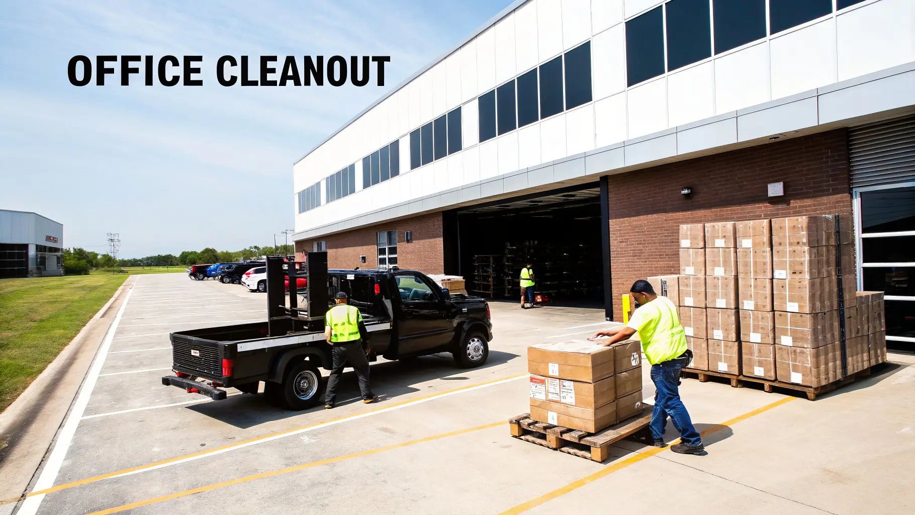 Workers loading pallets of cardboard boxes onto a flatbed truck during an office cleanout.