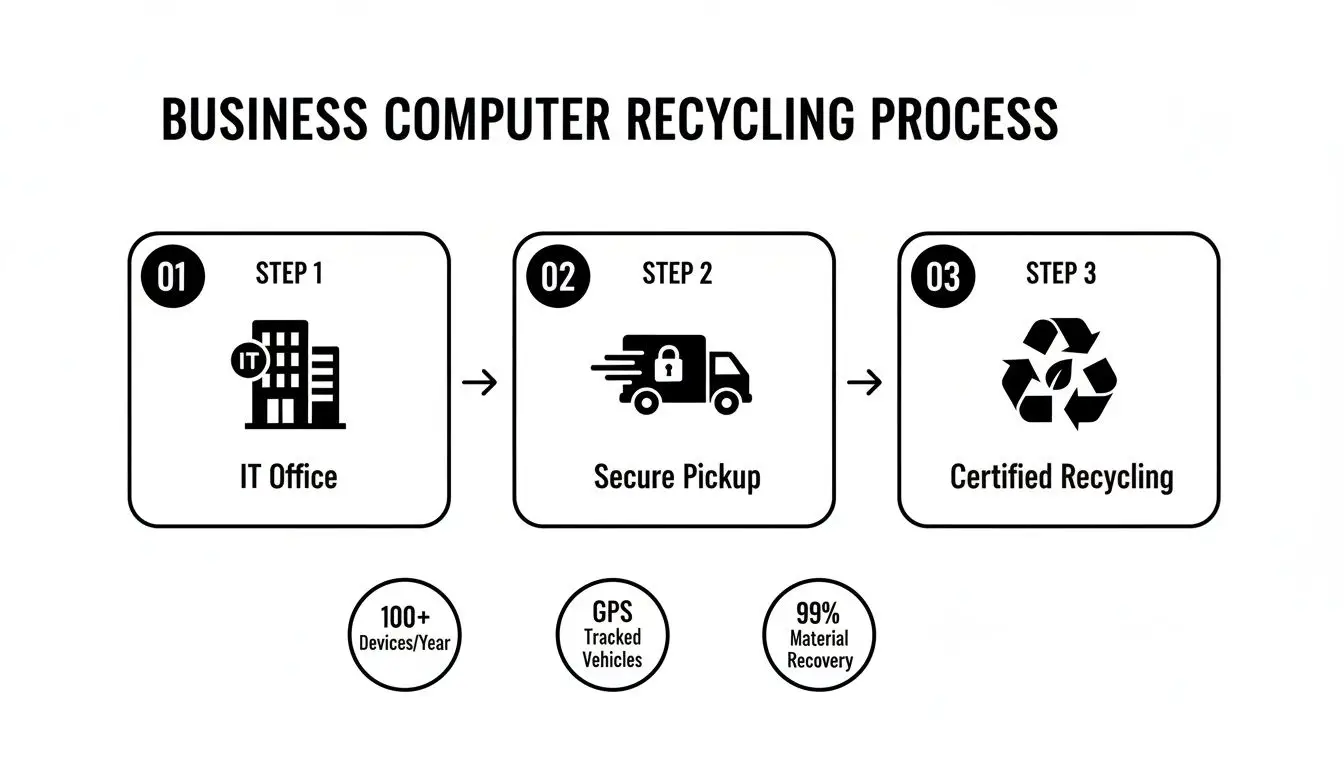 An infographic illustrating the business computer recycling process with three steps: IT office, secure pickup, and certified recycling, highlighting key metrics.