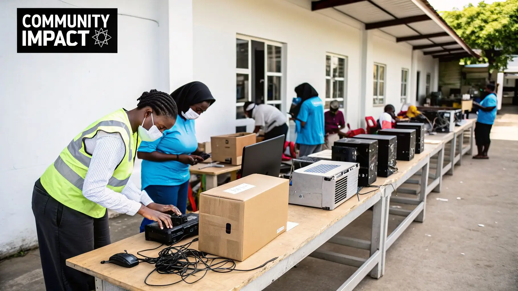 Workers in masks and vests organize computer equipment on outdoor tables for recycling.