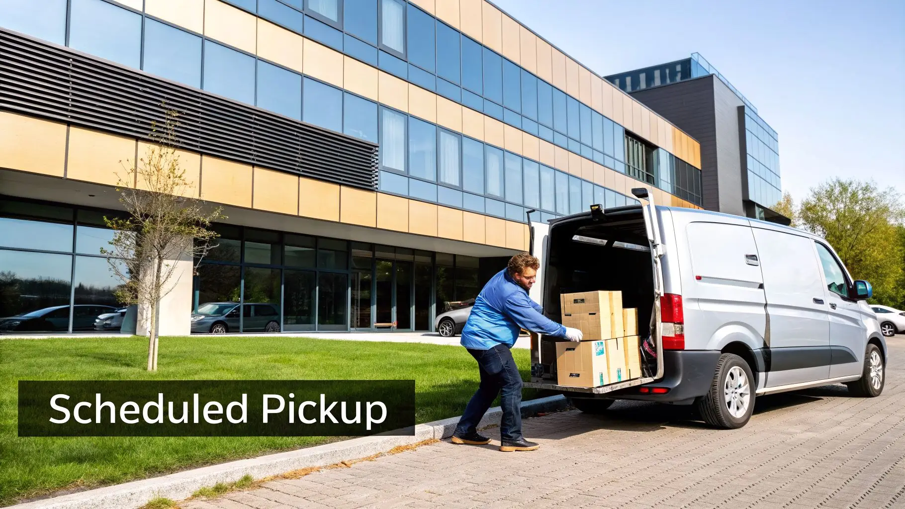 Man loads boxes into a silver delivery van outside a modern office building for scheduled pickup.