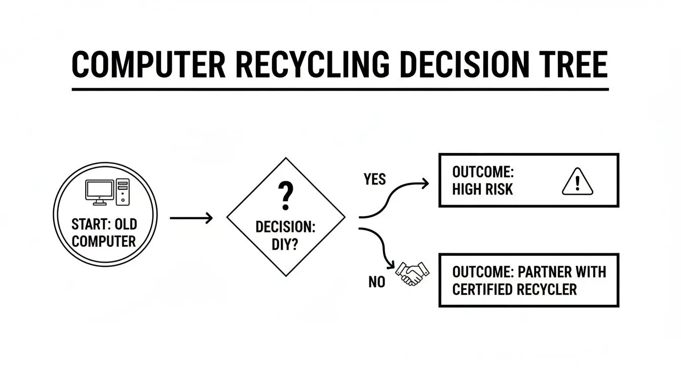 A computer recycling decision tree flowchart recommending professional recycling over high-risk DIY.