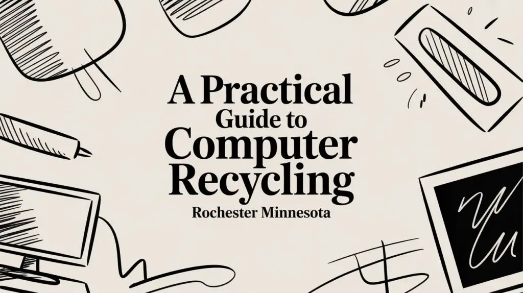 Text reads: "A Practical Guide to Computer Recycling. Rochester Minnesota." Surrounded by black-and-white sketch-like drawings of a computer, keyboard, pen, and other technology items on a beige background.
