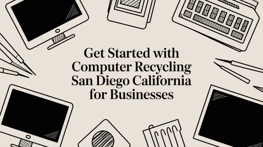 Illustrated electronics border a beige background with the text "Get Started with Computer Recycling San Diego California for Businesses" in the center.
