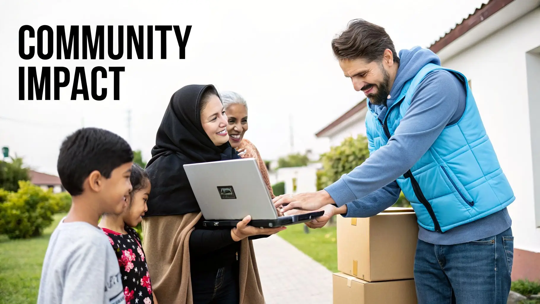 Smiling diverse family receives a delivery, signing on a laptop for community impact.