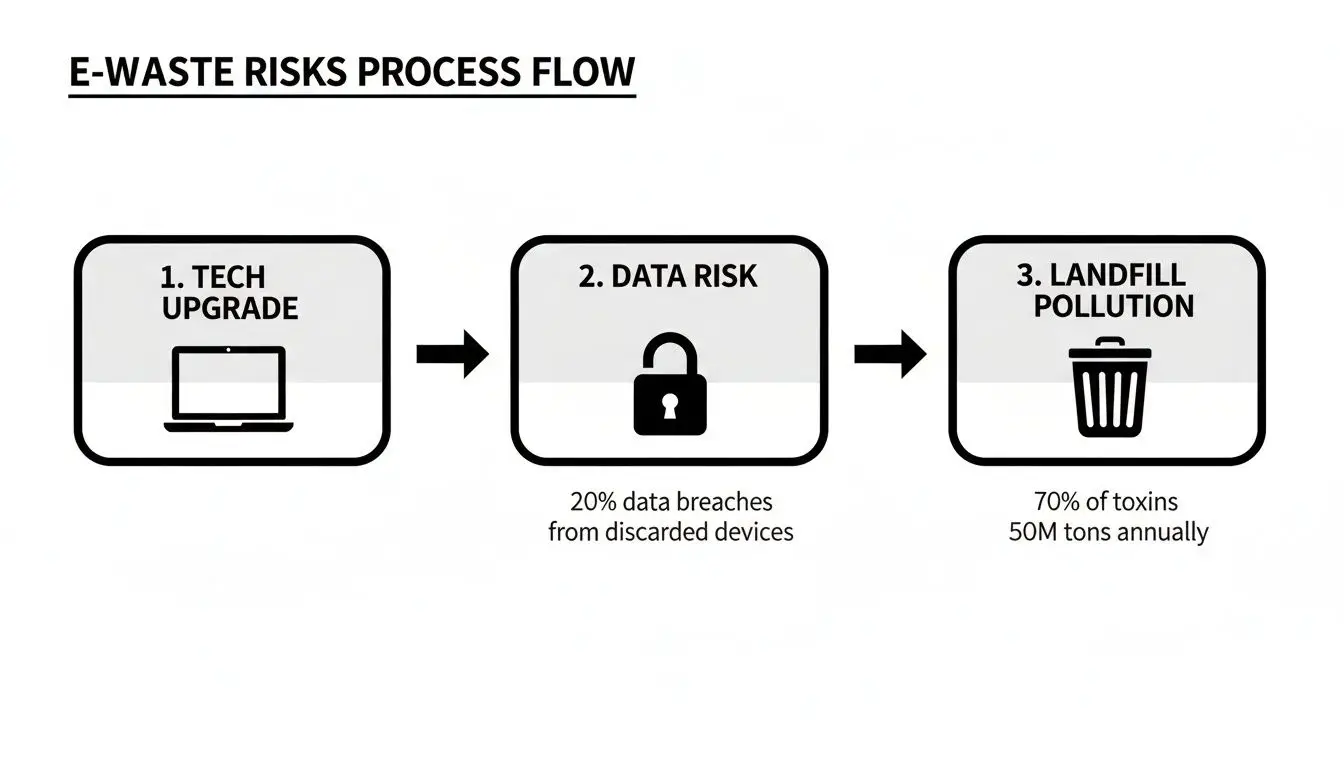 Process flow diagram illustrating e-waste risks from tech upgrades, data breaches, and landfill pollution.