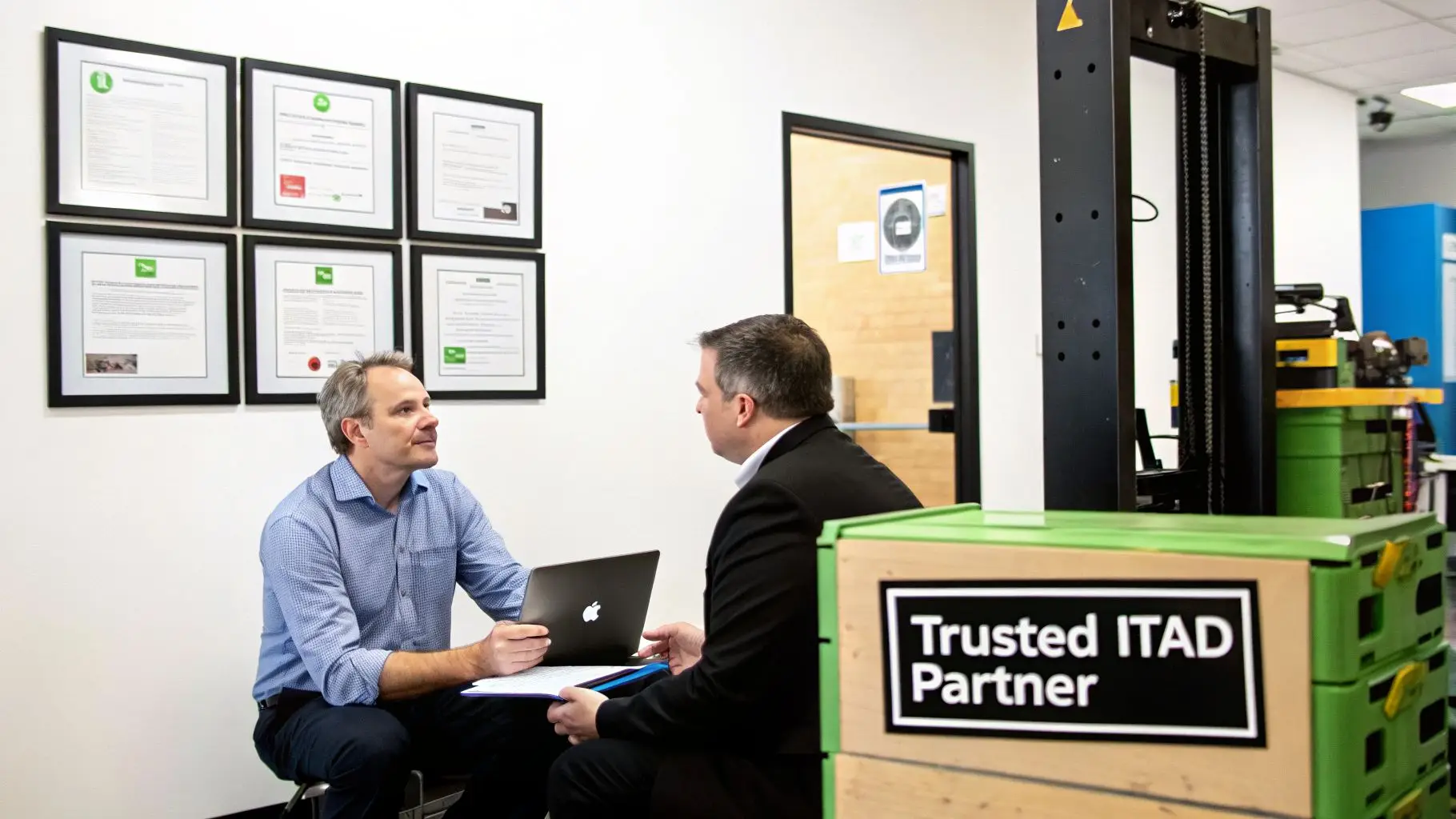 Two men discussing business in an office, with a laptop and framed certifications on the wall.