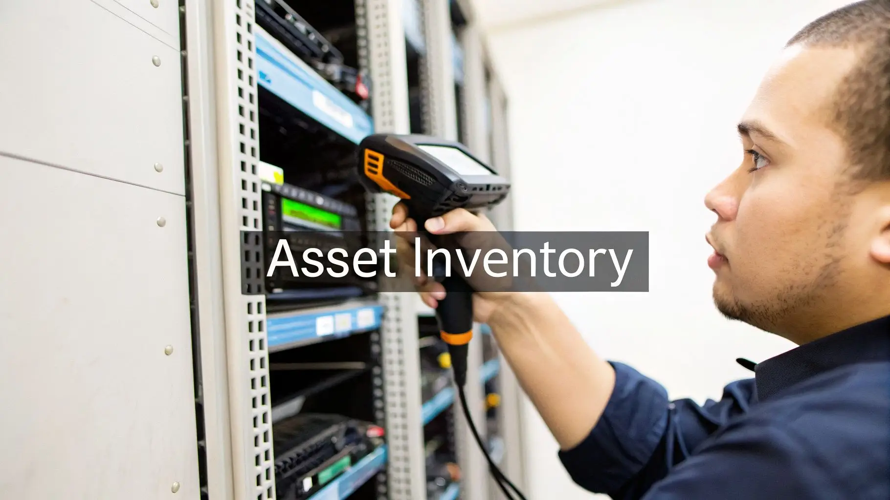 A man scans server rack equipment with a handheld device for asset inventory in a data center.