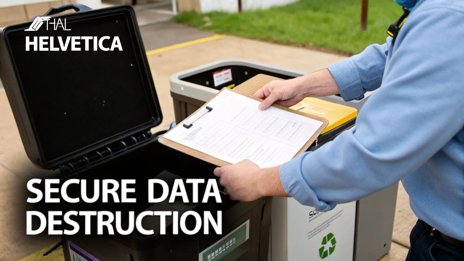 Person putting a clipboard with documents into a secure data destruction bin.