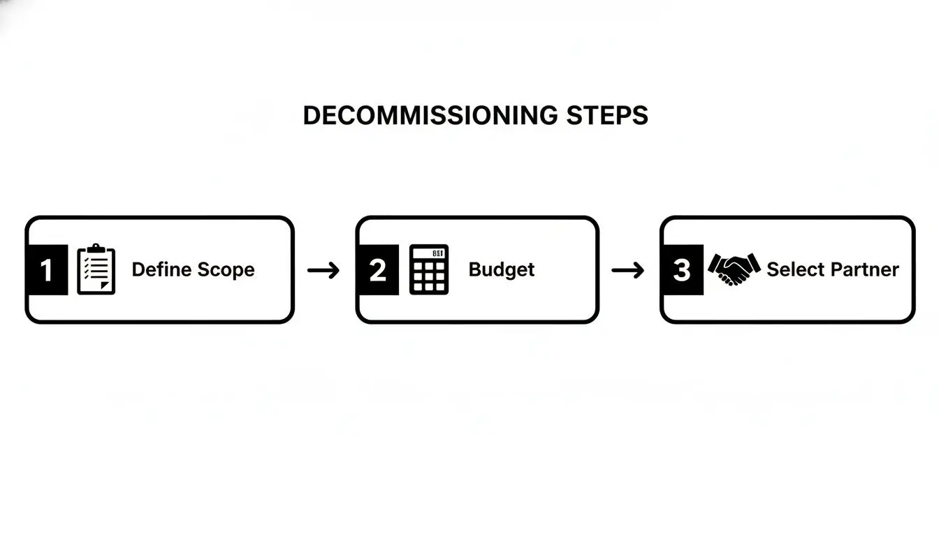 A three-step process for decommissioning, showing defining scope, budgeting, and selecting a partner.