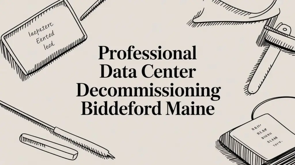 Illustration with the text &ldquo;Professional Data Center Decommissioning Biddeford Maine&rdquo; surrounded by drawings of cables, connectors, and technical tools on a beige background.