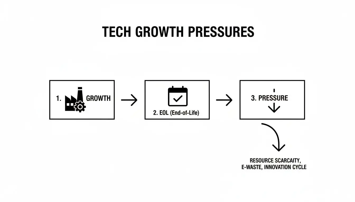 A diagram illustrates tech growth pressures leading to product end-of-life and societal issues like e-waste.