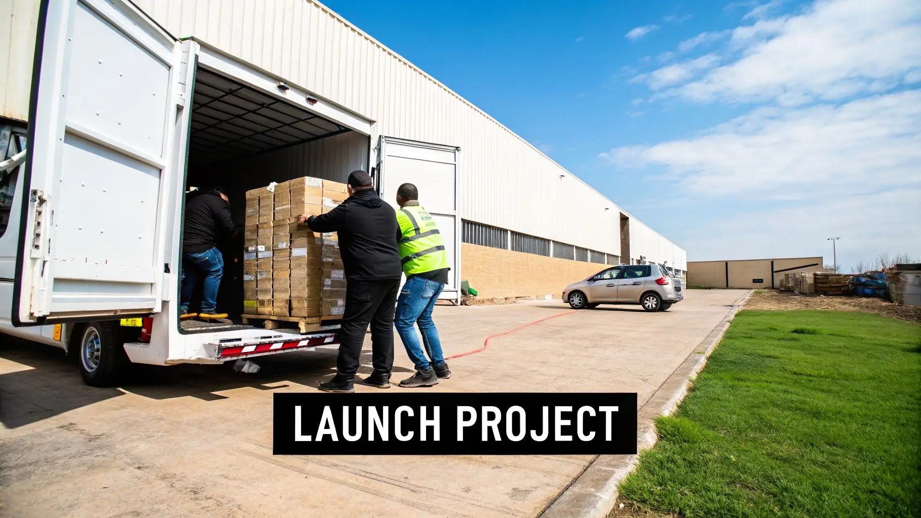 Two workers unload a tall stack of cardboard boxes from a white truck outside a warehouse building.