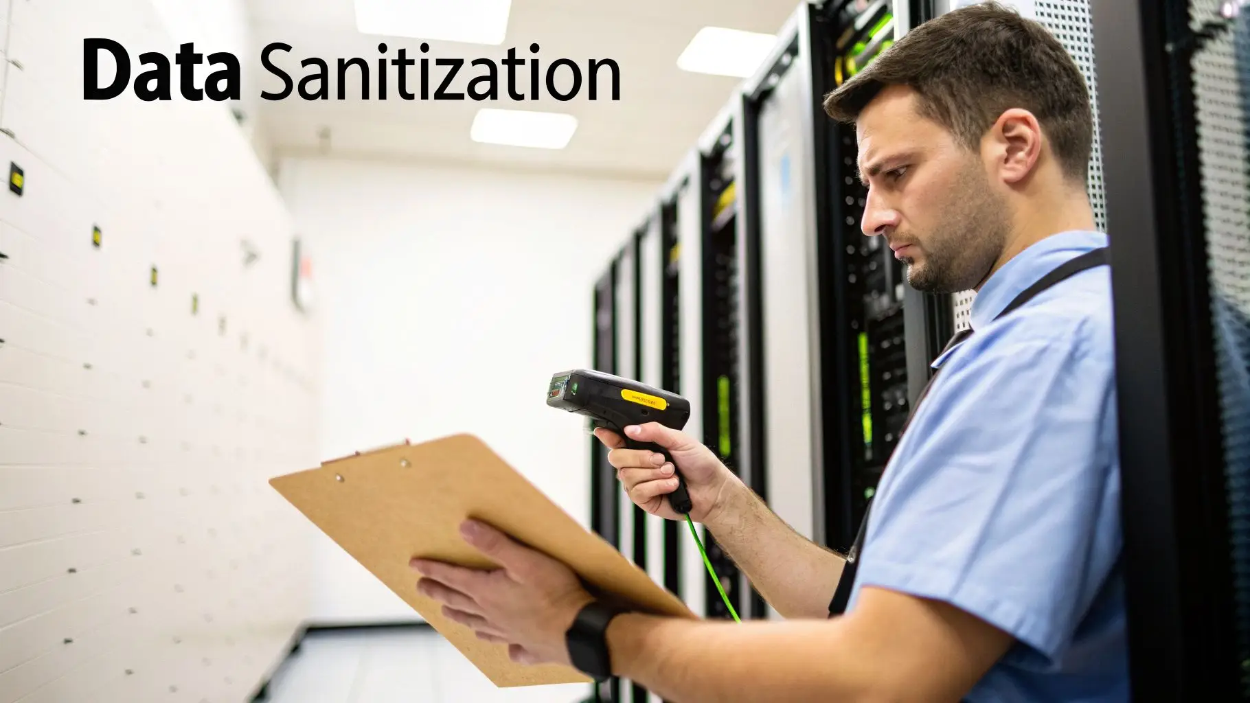 A man scans server equipment in a data center, holding a barcode scanner and clipboard.