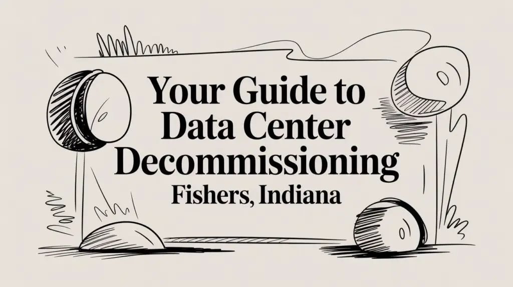 A sign with the text "Your Guide to Data Center Decommissioning, Fishers, Indiana" is surrounded by abstract, hand-drawn shapes and lines on a light background.