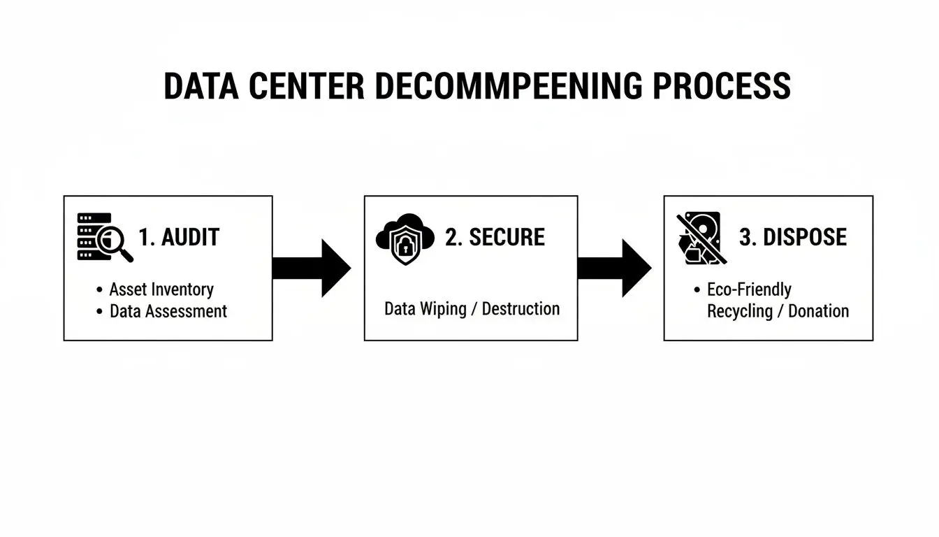 Flowchart illustrating the three-step data center decommissioning process: audit, secure, and dispose.