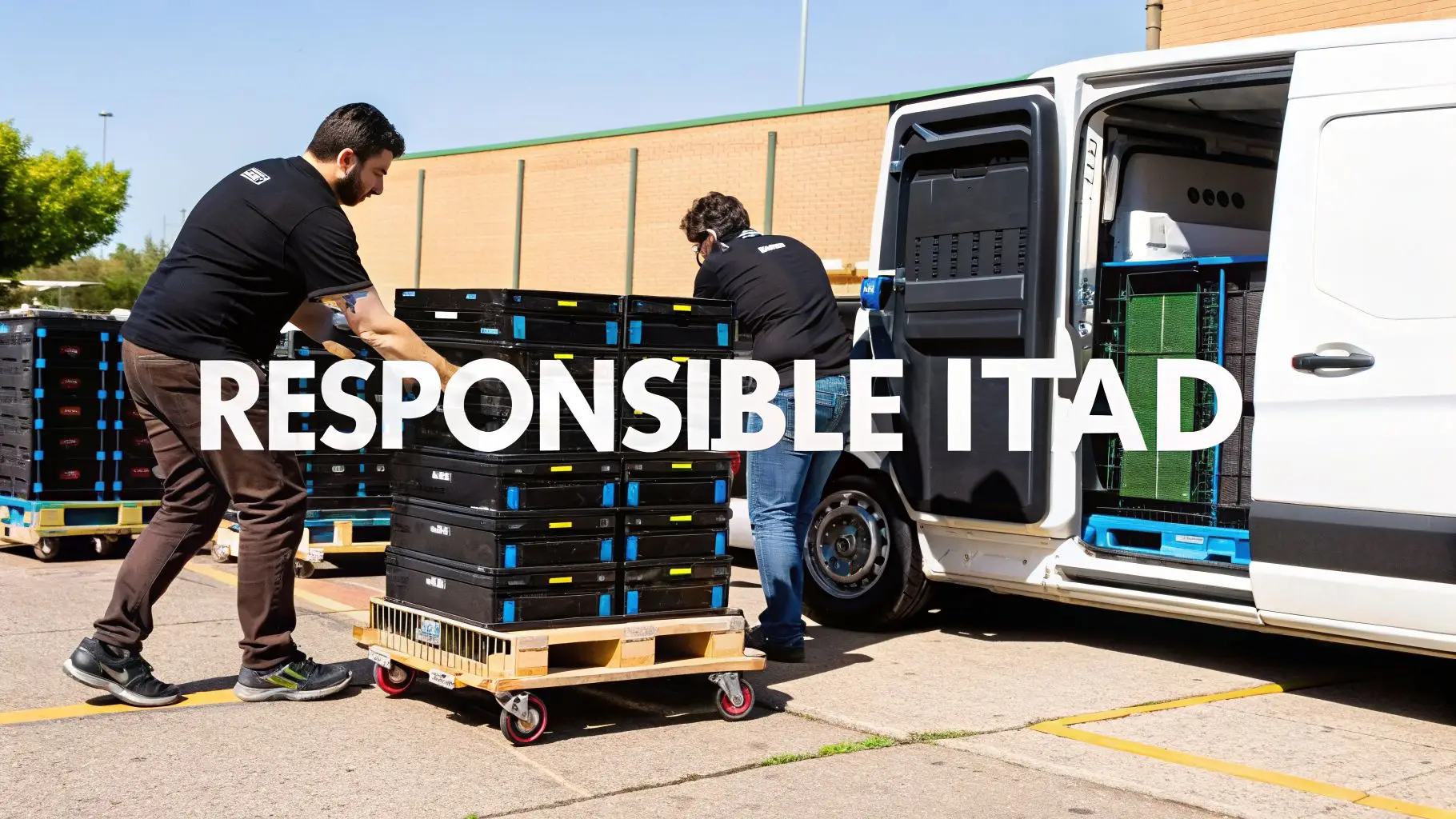 Two men loading black crates of IT assets onto a white van for responsible IT asset disposition.
