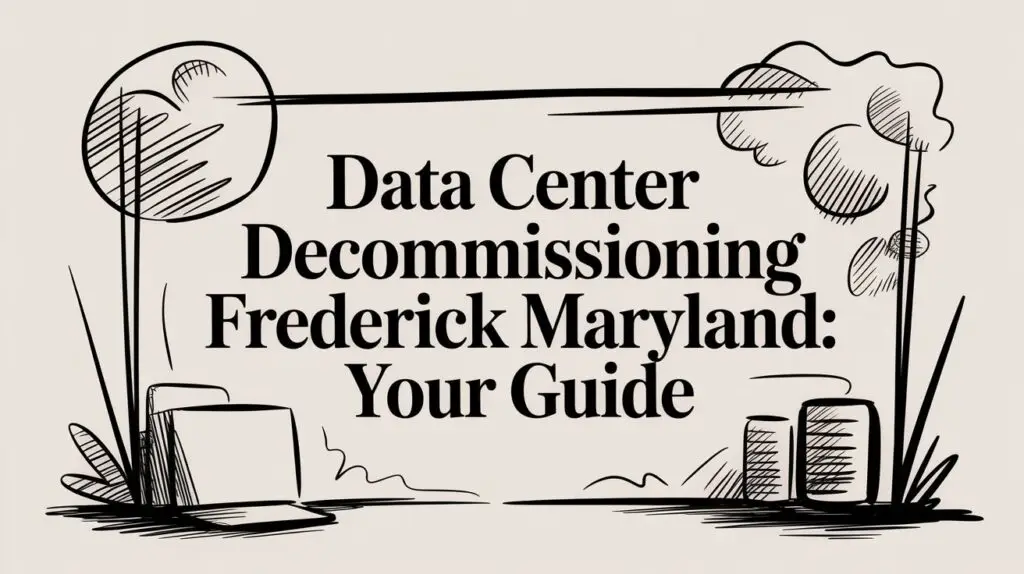 Illustration with text: "Data Center Decommissioning Frederick Maryland: Your Guide" surrounded by sketched trees, a laptop, and server racks on a light background.