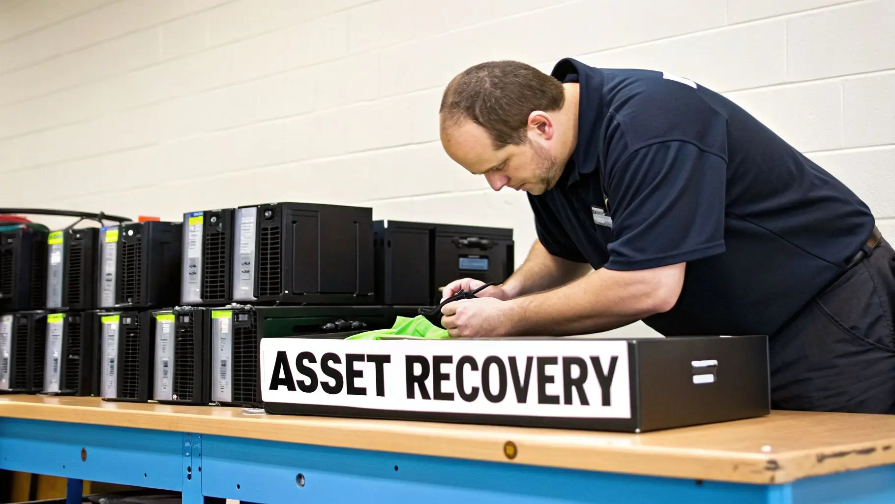 A man carefully inspects computer equipment on a workbench labeled 'ASSET RECOVERY'.