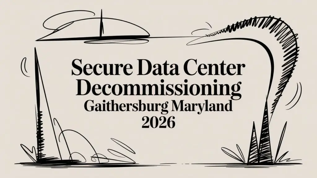 Text "Secure Data Center Decommissioning Gaithersburg Maryland 2026" surrounded by abstract black line art on a beige background.
