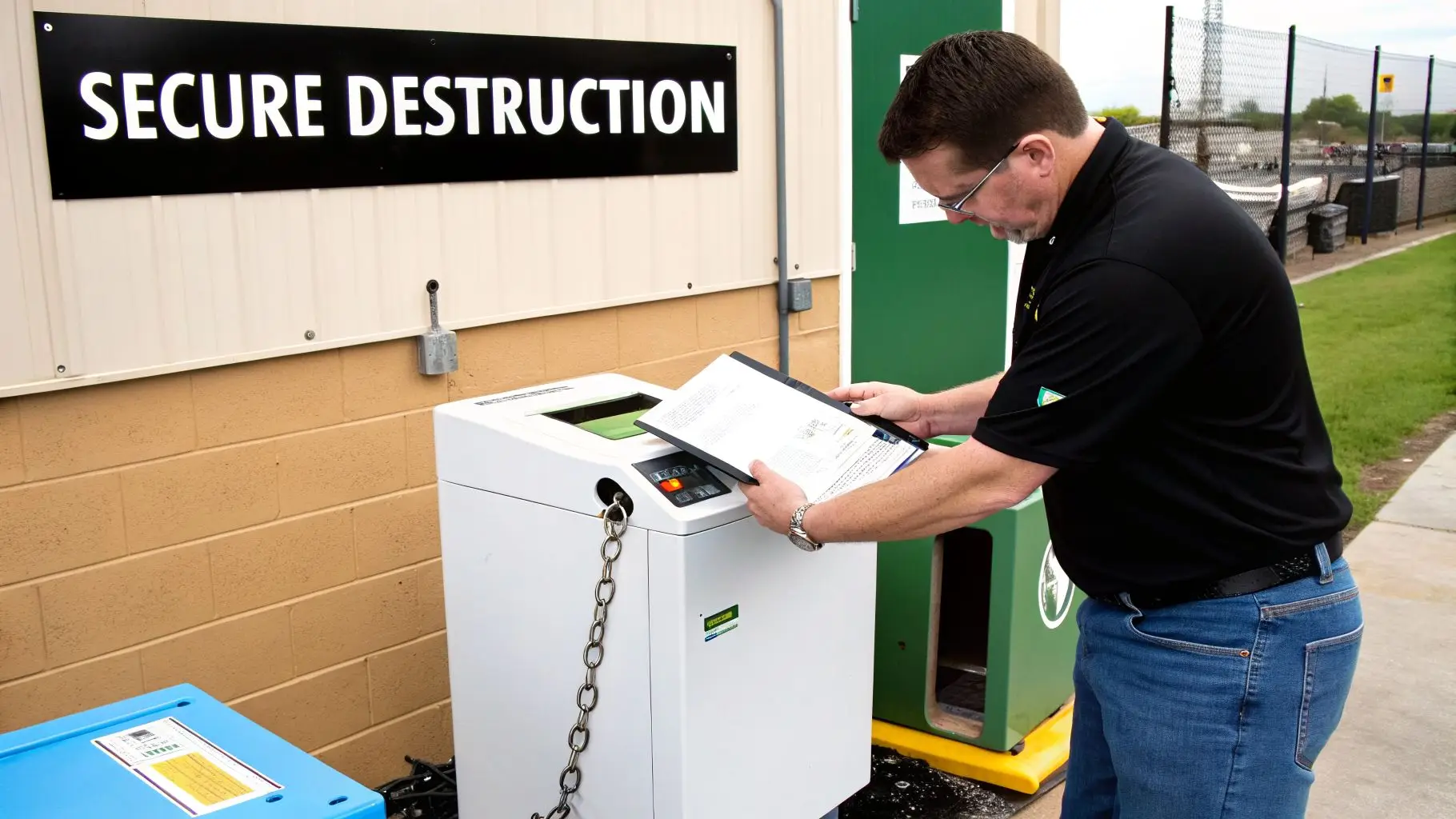 A man feeds documents into a secure destruction shredder, ensuring confidential information is destroyed.
