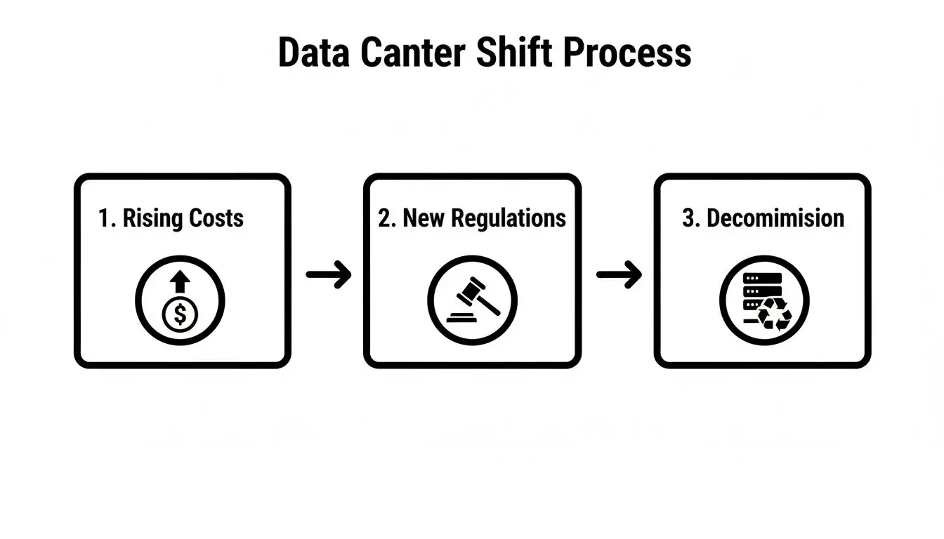 Diagram illustrating data center shift process: rising costs, new regulations, and decommissioning stages.
