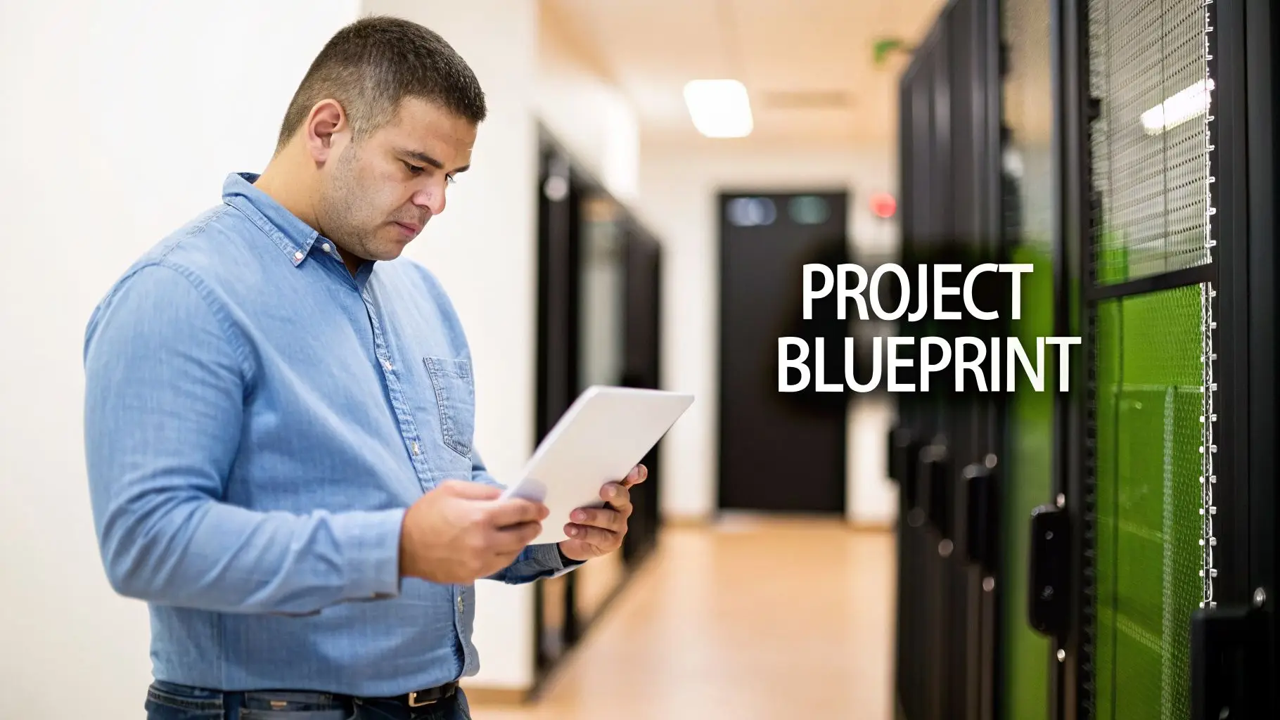 A man in a denim shirt holds a tablet in a data center, with "PROJECT BLUEPRINT" text.