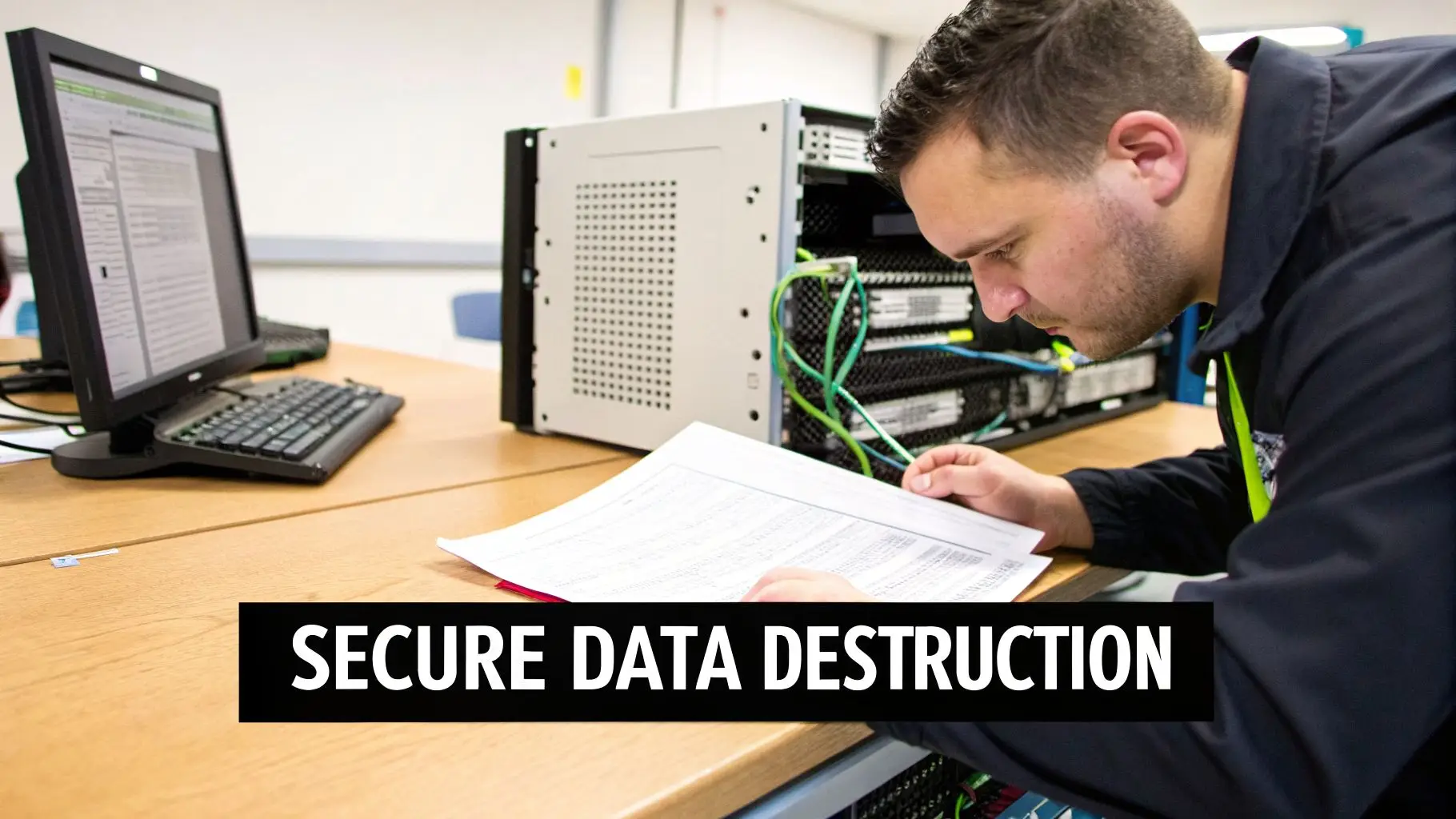 An IT technician reviews documents while working on server equipment and a computer, focusing on secure data destruction.