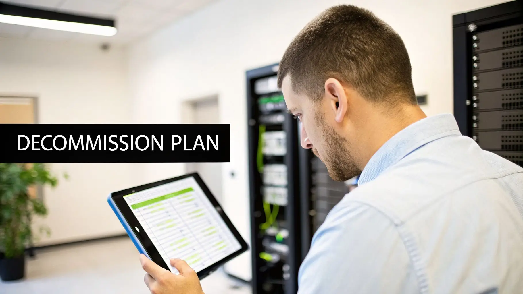 A man reviews a data center decommissioning plan on a tablet, standing near server racks.