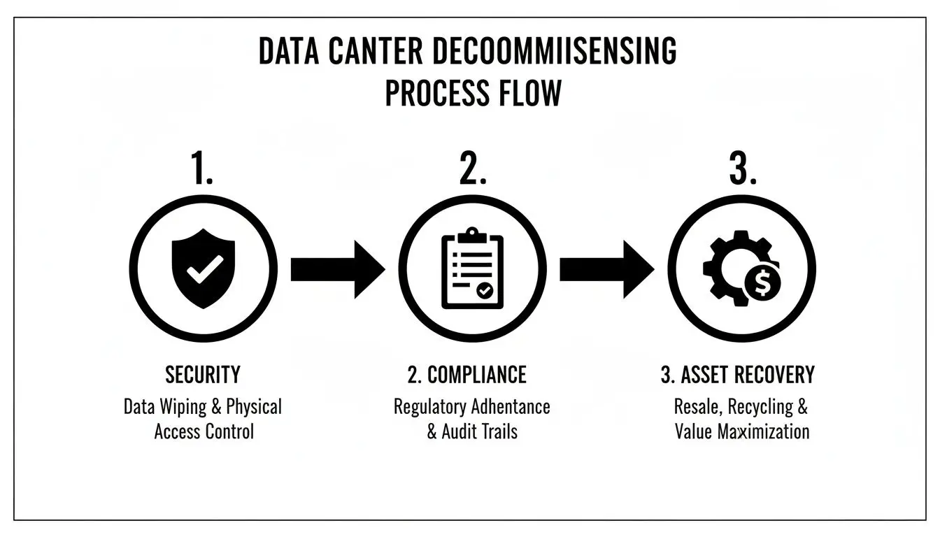 Process flow diagram for data center decommissioning showing security, compliance, and asset recovery steps.