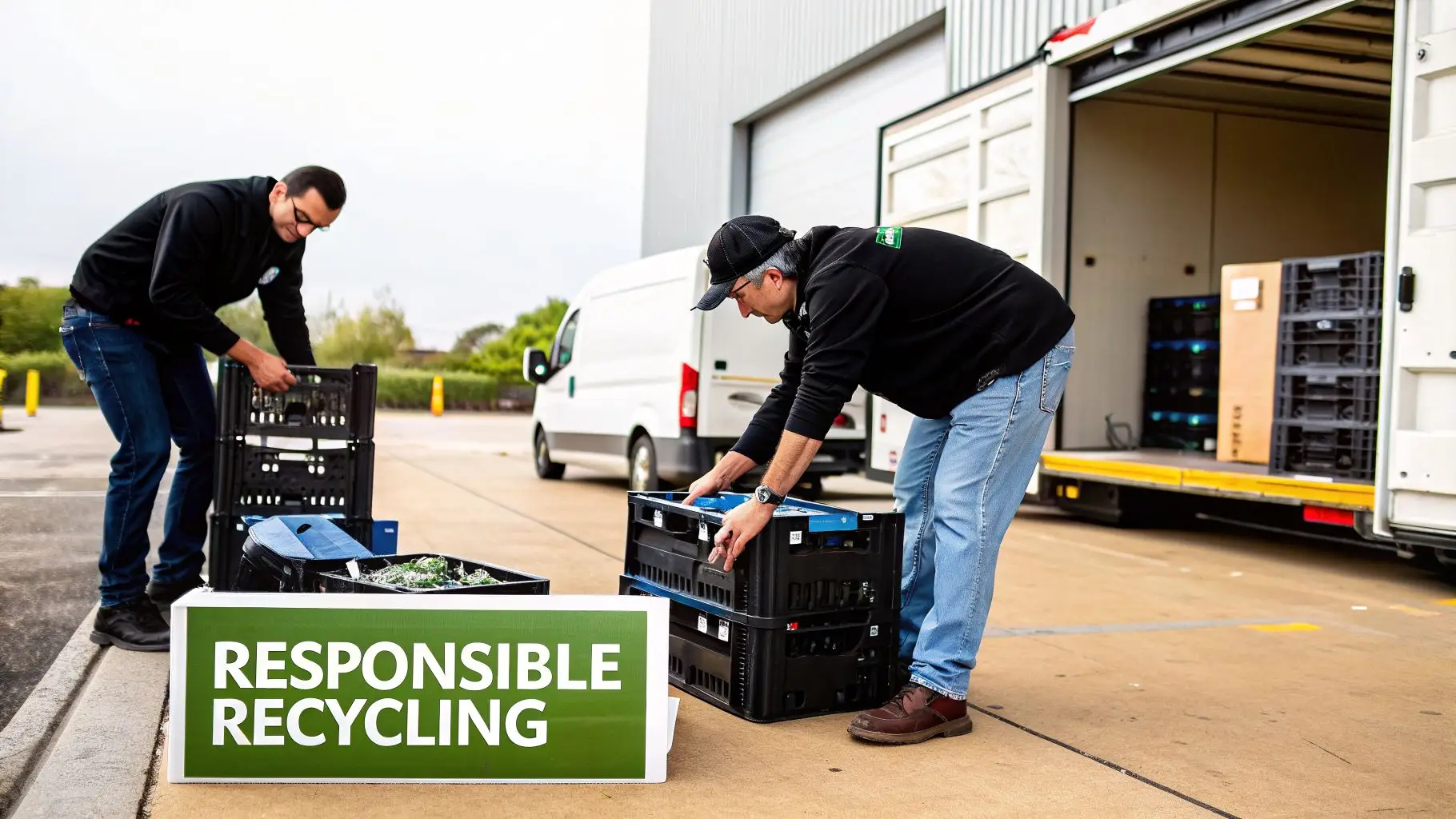 Two workers loading crates of electronic waste for responsible recycling outside a facility.
