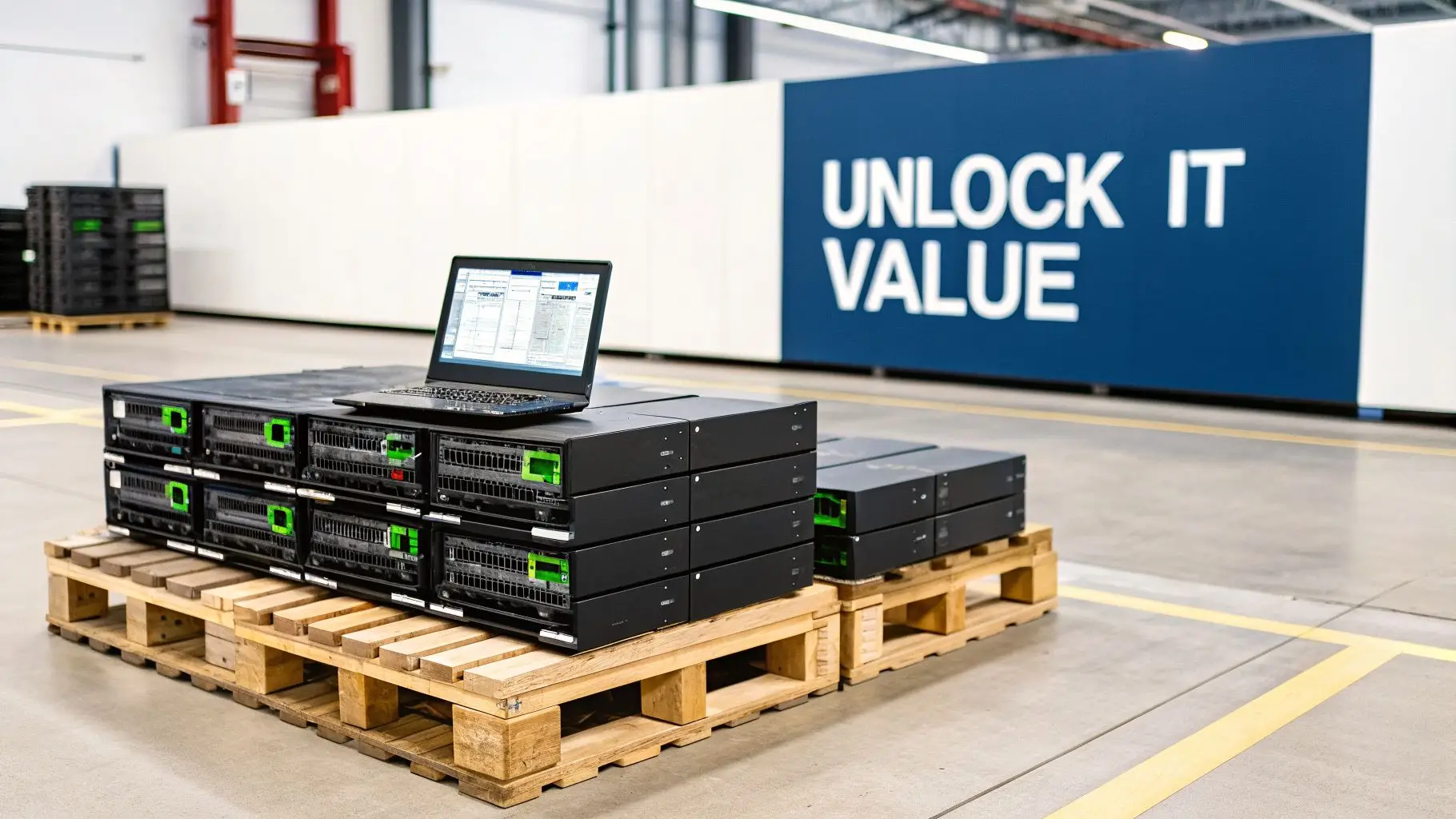 Laptop on stacked data center equipment and servers on pallets in a warehouse facility.