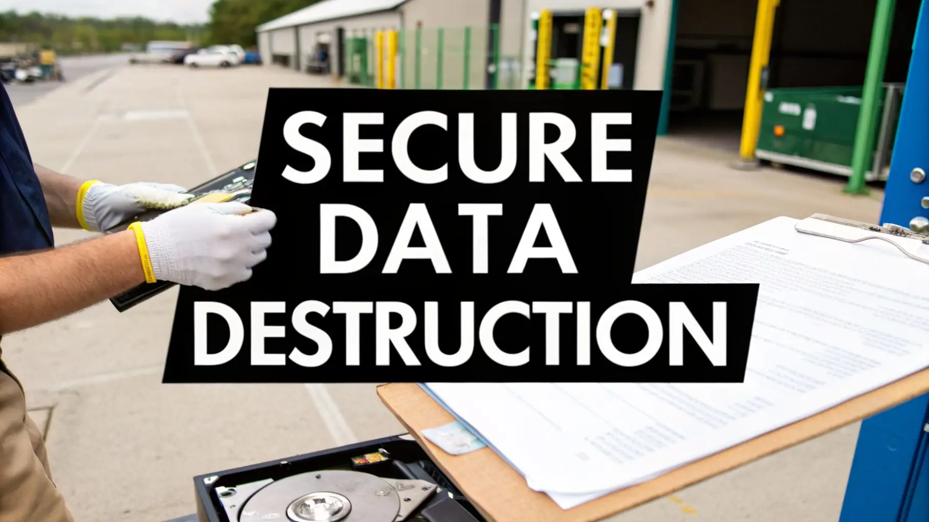 A person in gloves handles a circuit board, with a hard drive and clipboard nearby, emphasizing 'SECURE DATA DESTRUCTION'.