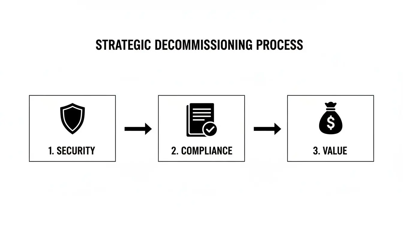Flowchart showing strategic decommissioning process steps: security, compliance, and value.