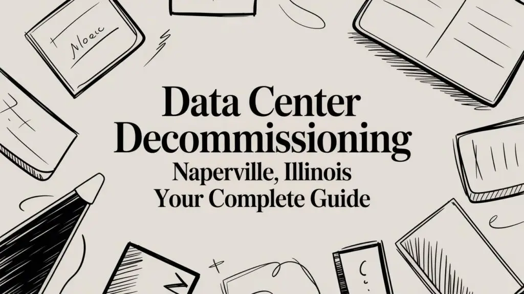 Sketch-style illustration with books, papers, and office supplies surrounding the text: "Data Center Decommissioning, Naperville, Illinois, Your Complete Guide" on a light background.