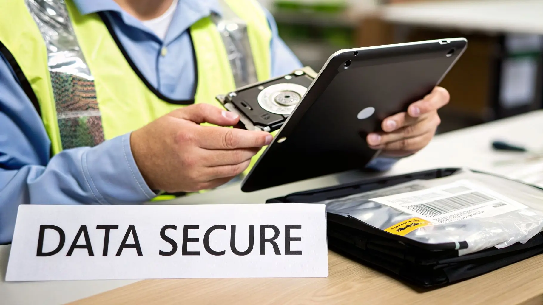 A professional in a safety vest securely handles an exposed hard drive and a tablet, with a 'DATA SECURE' sign visible.