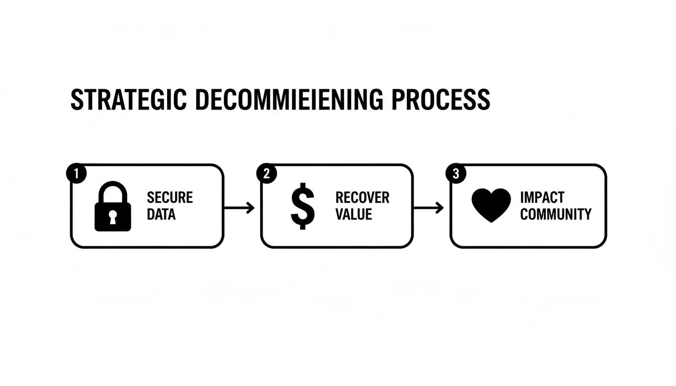 A flowchart illustrates the strategic decommissioning process with three steps: secure data, recover value, and impact community.