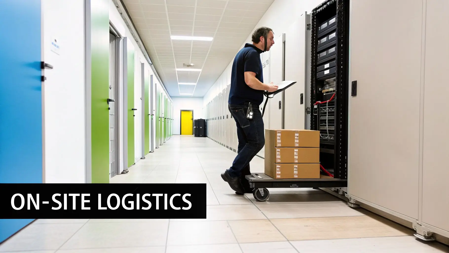 A technician moves boxes on a cart through a data center hallway, demonstrating on-site logistics.